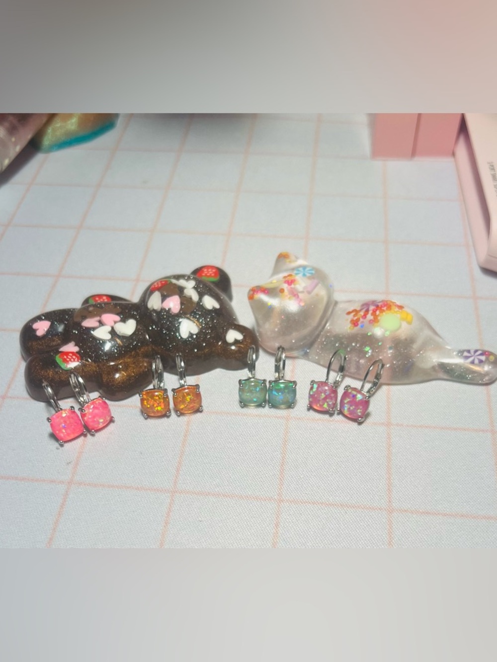 Neon Pink,Orange, Mint Green & Light Purple Opal Square Drop Earrings - Set of 4